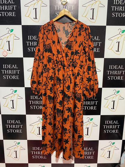 SHEIN |XL| BUST 20| A16| RUST ORANGE & BLACK FLORAL PRINT LONG SLEEVE MAXI DRESS
