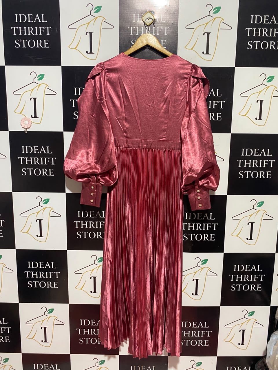 SHEIN |L| BUST 18| A16| MAROON SATIN PLEATED MAXI DRESS - EMBELLISHED V-NECK LONG PUFF SLEEVE EVENING GOWN