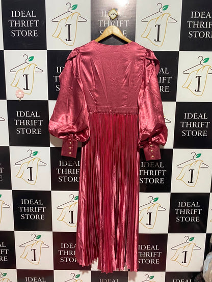SHEIN |L| BUST 18| A16| MAROON SATIN PLEATED MAXI DRESS - EMBELLISHED V-NECK LONG PUFF SLEEVE EVENING GOWN