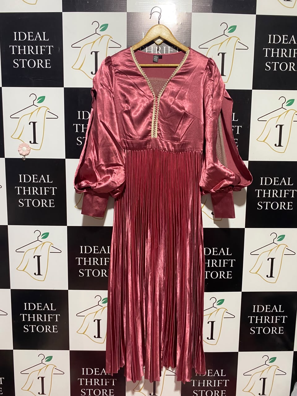 SHEIN |L| BUST 18| A16| MAROON SATIN PLEATED MAXI DRESS - EMBELLISHED V-NECK LONG PUFF SLEEVE EVENING GOWN