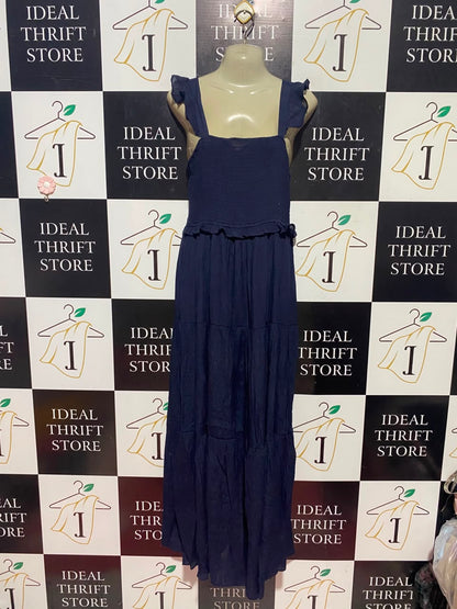 NANETTE |S| BUST 15| A16| NAVY BLUE RUFFLE STRAP TIERED MAXI DRESS - BOHO SQUARE NECK SUMMER SUNDRESS