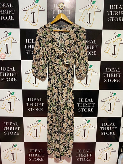 PRIMARK |S| BUST 16| A16| BLACK & BEIGE FLORAL PRINT WRAP MAXI DRESS - V-NECK HALF SLEEVE CASUAL & EVENING GOWNBLACK & BEIGE FLORAL PRINT WRAP MAXI DRESS - V-NECK HALF SLEEVE CASUAL & EVENING GOWN