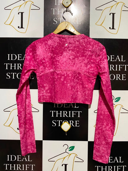 WORK OUT |M| BUST 14| A16| VIBRANT PINK PATTERNED LONG SLEEVE CROP TOP