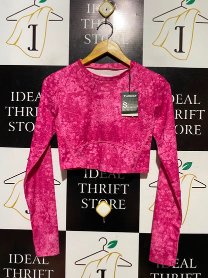 WORK OUT |M| BUST 14| A16| VIBRANT PINK PATTERNED LONG SLEEVE CROP TOP