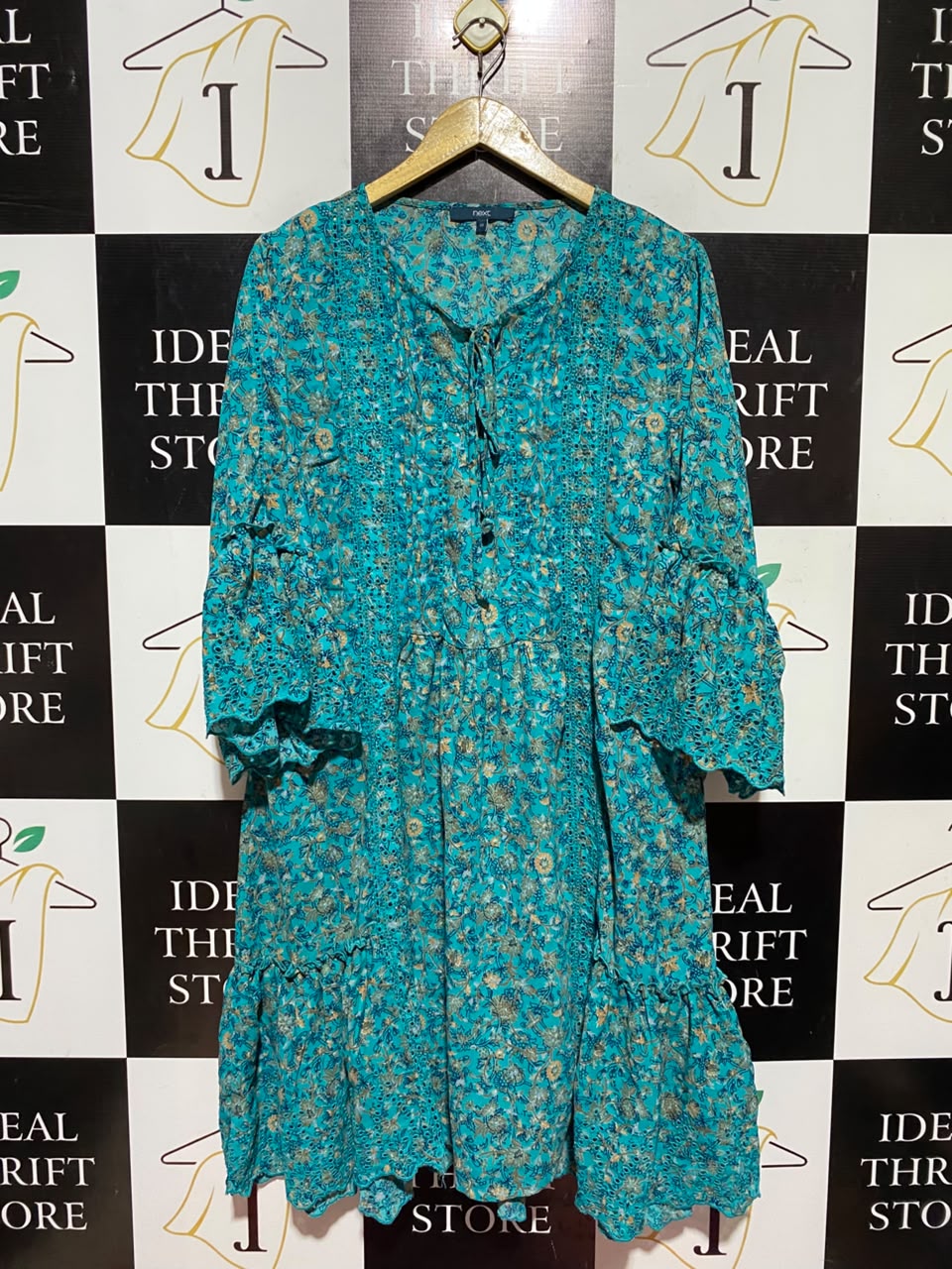 NEXT |XL| BUST 22| A16|TEAL GREEN FLORAL PRINT BOHO TUNIC DRESS