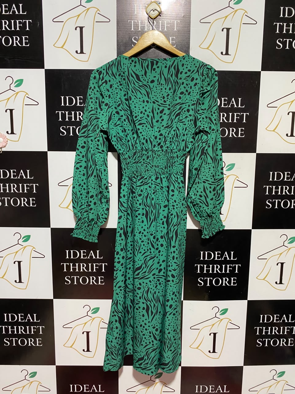 SHEIN |S| BUST 15| A16| EMERALD GREEN & BLACK ANIMAL PRINT MAXI DRESS