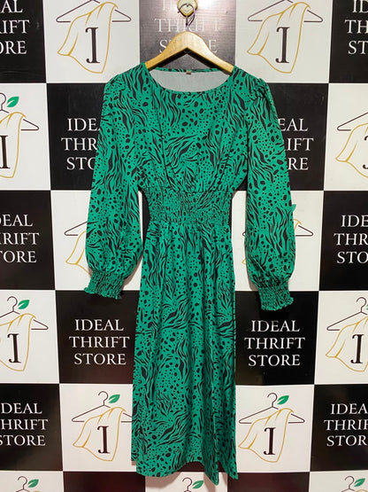 SHEIN |S| BUST 15| A16| EMERALD GREEN & BLACK ANIMAL PRINT MAXI DRESS