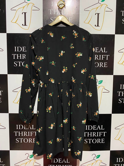 SIMPLE BE |L| BUST 21| A16| BLACK DITSY FLORAL LONG SLEEVE BUTTON-DOWN DRESS