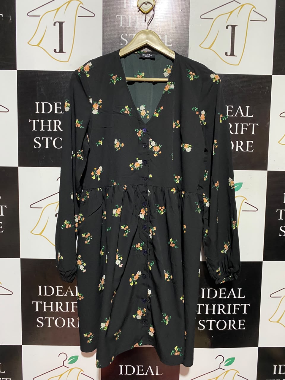 SIMPLE BE |L| BUST 21| A16| BLACK DITSY FLORAL LONG SLEEVE BUTTON-DOWN DRESS