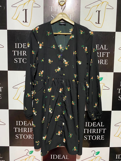 SIMPLE BE |L| BUST 21| A16| BLACK DITSY FLORAL LONG SLEEVE BUTTON-DOWN DRESS