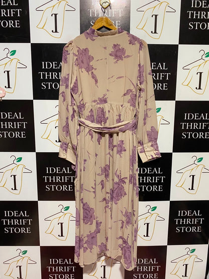 DAZY |L| BUST 19| A16| WOMEN'S BEIGE & PURPLE FLORAL PRINT MAXI DRESS - LONG SLEEVE V-NECK BELTED BOHO DRESS