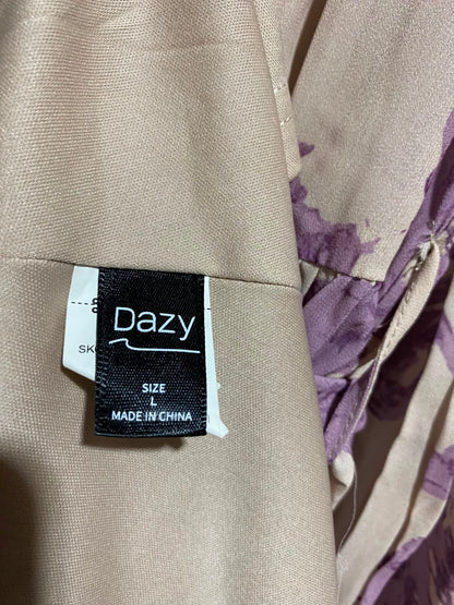 DAZY |L| BUST 19| A16| WOMEN'S BEIGE & PURPLE FLORAL PRINT MAXI DRESS - LONG SLEEVE V-NECK BELTED BOHO DRESS