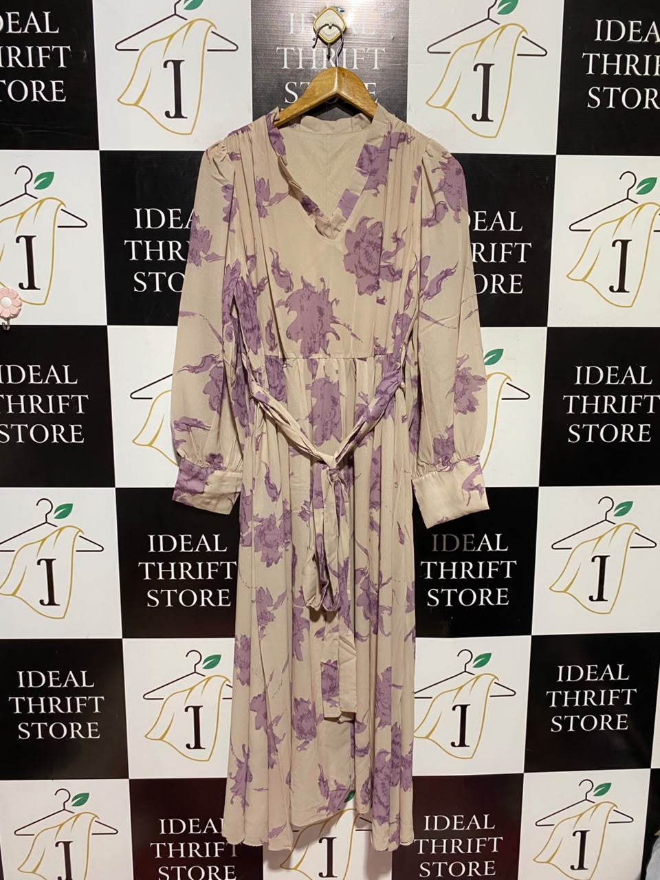 DAZY |L| BUST 19| A16| WOMEN'S BEIGE & PURPLE FLORAL PRINT MAXI DRESS - LONG SLEEVE V-NECK BELTED BOHO DRESS