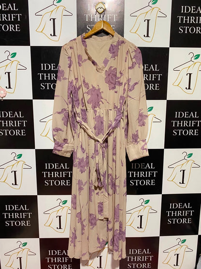 DAZY |L| BUST 19| A16| WOMEN'S BEIGE & PURPLE FLORAL PRINT MAXI DRESS - LONG SLEEVE V-NECK BELTED BOHO DRESS