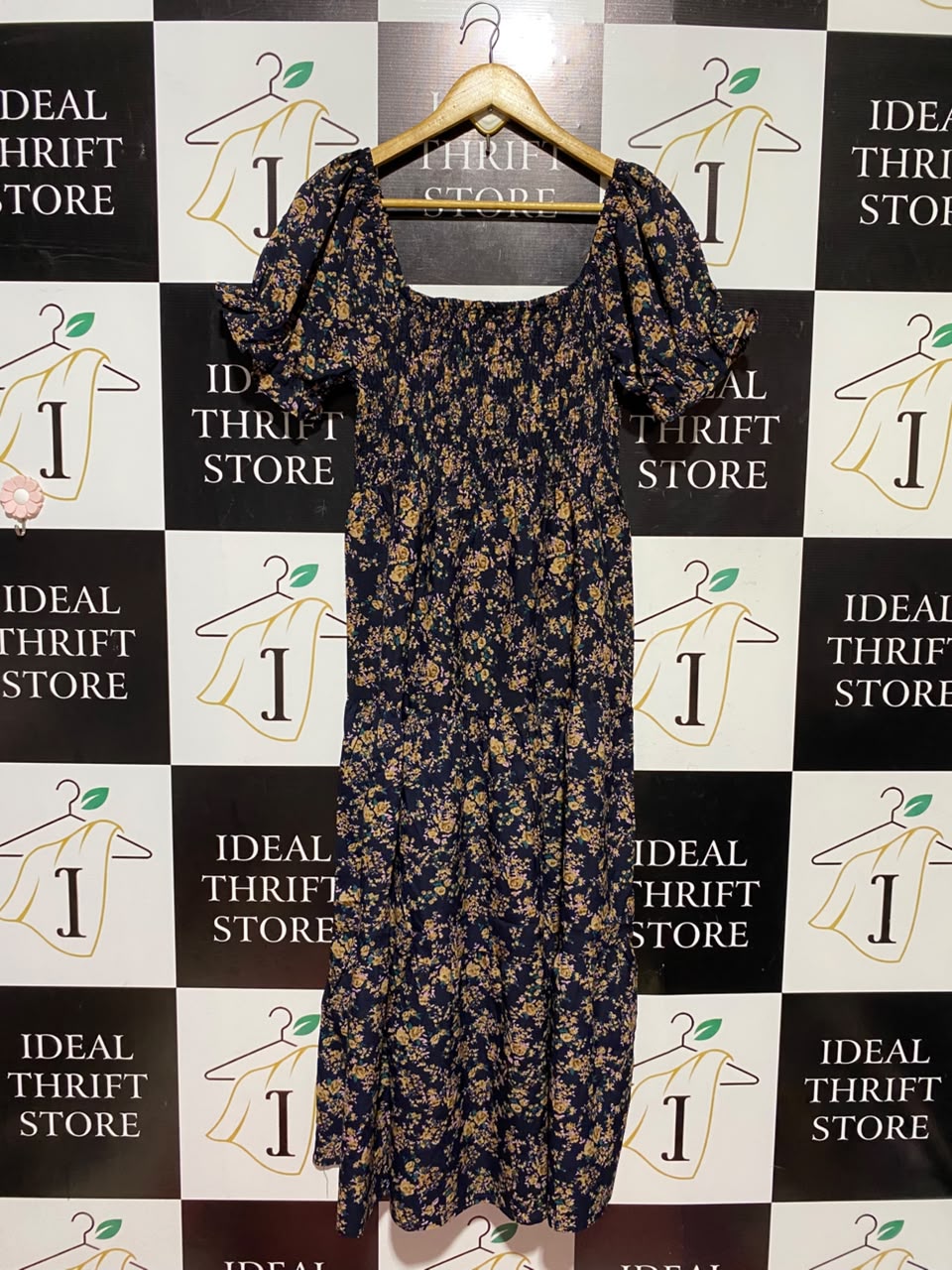 |S| BUST 14| A16| WOMEN'S BLACK & MUSTARD FLORAL SMOCKED MAXI DRESS