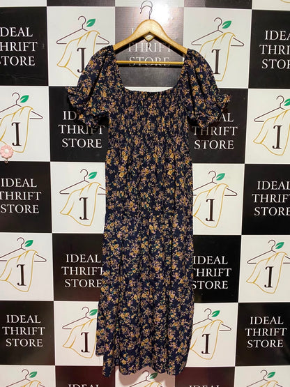 |S| BUST 14| A16| WOMEN'S BLACK & MUSTARD FLORAL SMOCKED MAXI DRESS