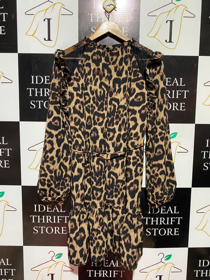 NEW LOOK |L| BUST 22| A16| WOMEN'S CLASSIC LEOPARD PRINT RUFFLE MINI DRESS