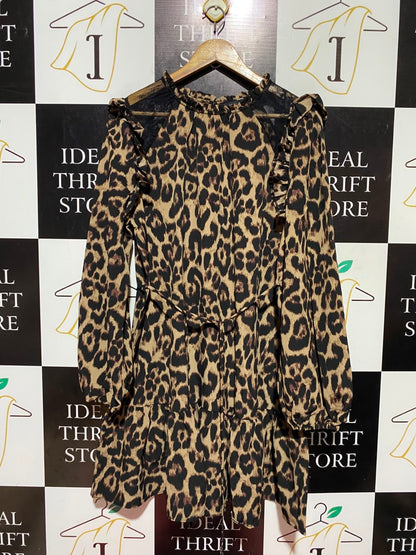 NEW LOOK |L| BUST 22| A16| WOMEN'S CLASSIC LEOPARD PRINT RUFFLE MINI DRESS