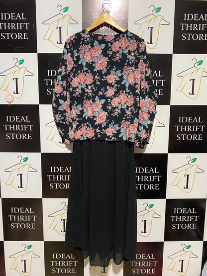 |L| BUST 20| A16| WOMEN'S BLACK & PINK FLORAL 2-PIECE LOOK MAXI DRESS