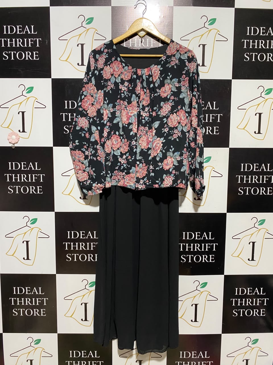 |L| BUST 20| A16| WOMEN'S BLACK & PINK FLORAL 2-PIECE LOOK MAXI DRESS