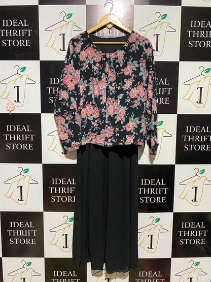 |L| BUST 20| A16| WOMEN'S BLACK & PINK FLORAL 2-PIECE LOOK MAXI DRESS