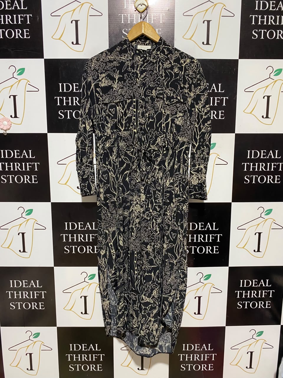 TOP SHOP |L| BUST 19| A16| WOMEN'S BLACK & CREAM BOTANICAL LINE ART MAXI SHIRT DRESS