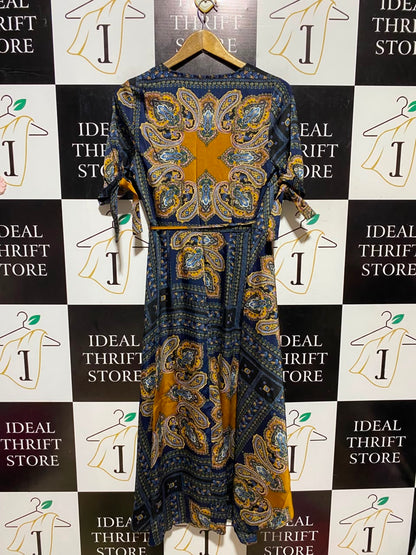 AX PARIS |S| BUST 15| A16| WOMEN'S NAVY & MUSTARD PAISLEY PRINT WRAP MAXI DRESS