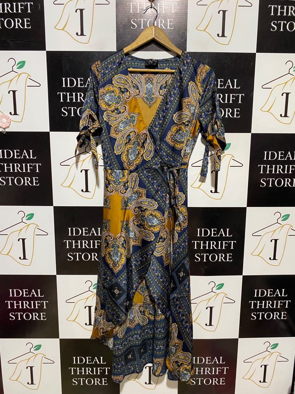 AX PARIS |S| BUST 15| A16| WOMEN'S NAVY & MUSTARD PAISLEY PRINT WRAP MAXI DRESS