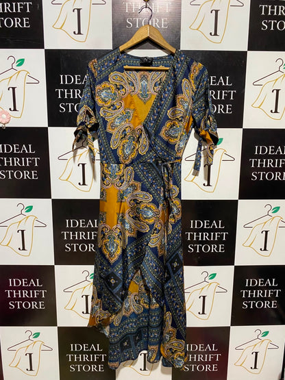 AX PARIS |S| BUST 15| A16| WOMEN'S NAVY & MUSTARD PAISLEY PRINT WRAP MAXI DRESS