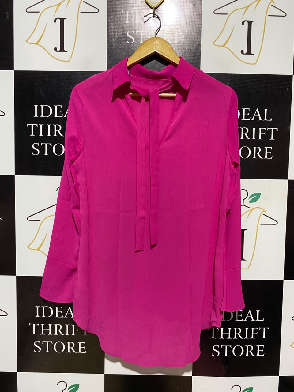 PRIMARK |M| BUST 19| A16| WOMEN'S MAGENTA HOT PINK TIE-NECK LONG SLEEVE TUNIC BLOUSE