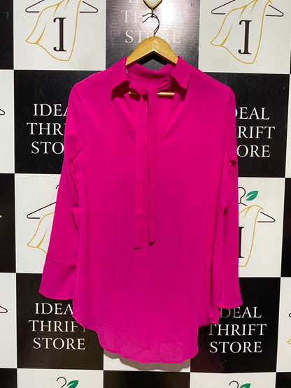 PRIMARK |M| BUST 19| A16| WOMEN'S MAGENTA HOT PINK TIE-NECK LONG SLEEVE TUNIC BLOUSE