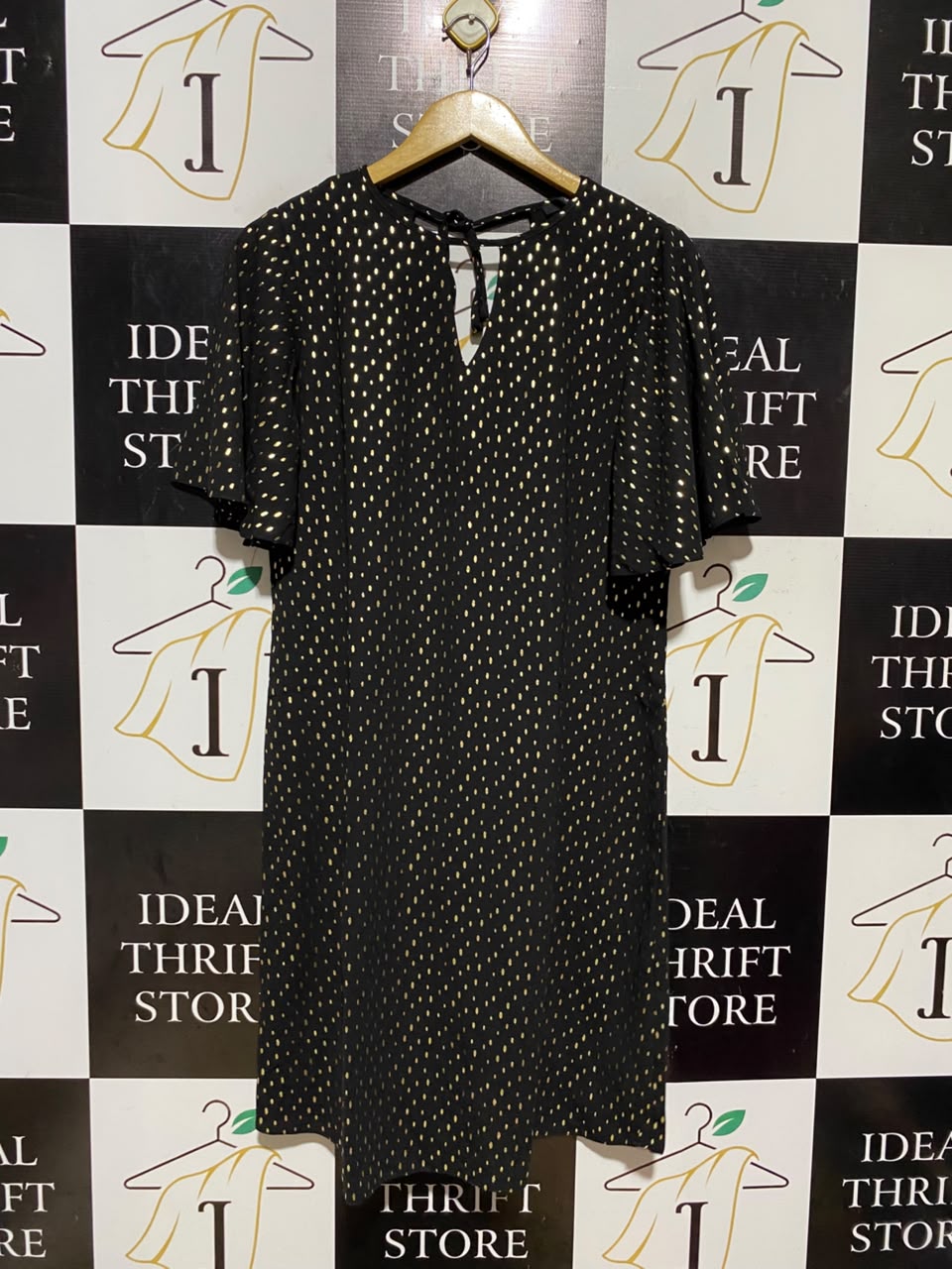 GEORGE |L| BUST 19| A16| WOMEN'S BLACK & METALLIC GOLD POLKA DOT MINI DRESS