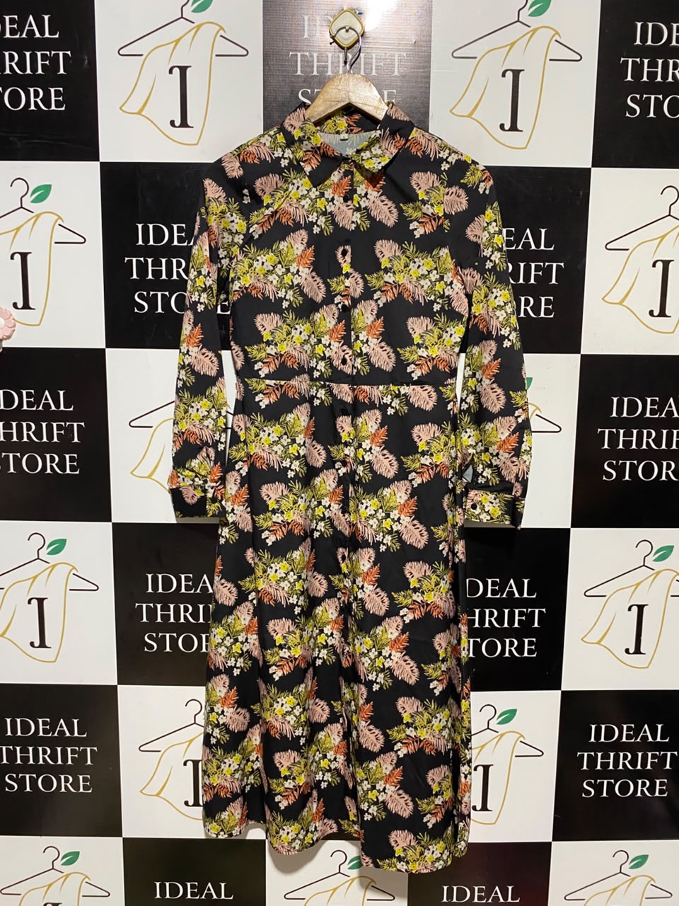 SHEIN |S| BUST 18| A16| WOMEN'S BLACK TROPICAL FLORAL PRINT MAXI SHIRT DRESS