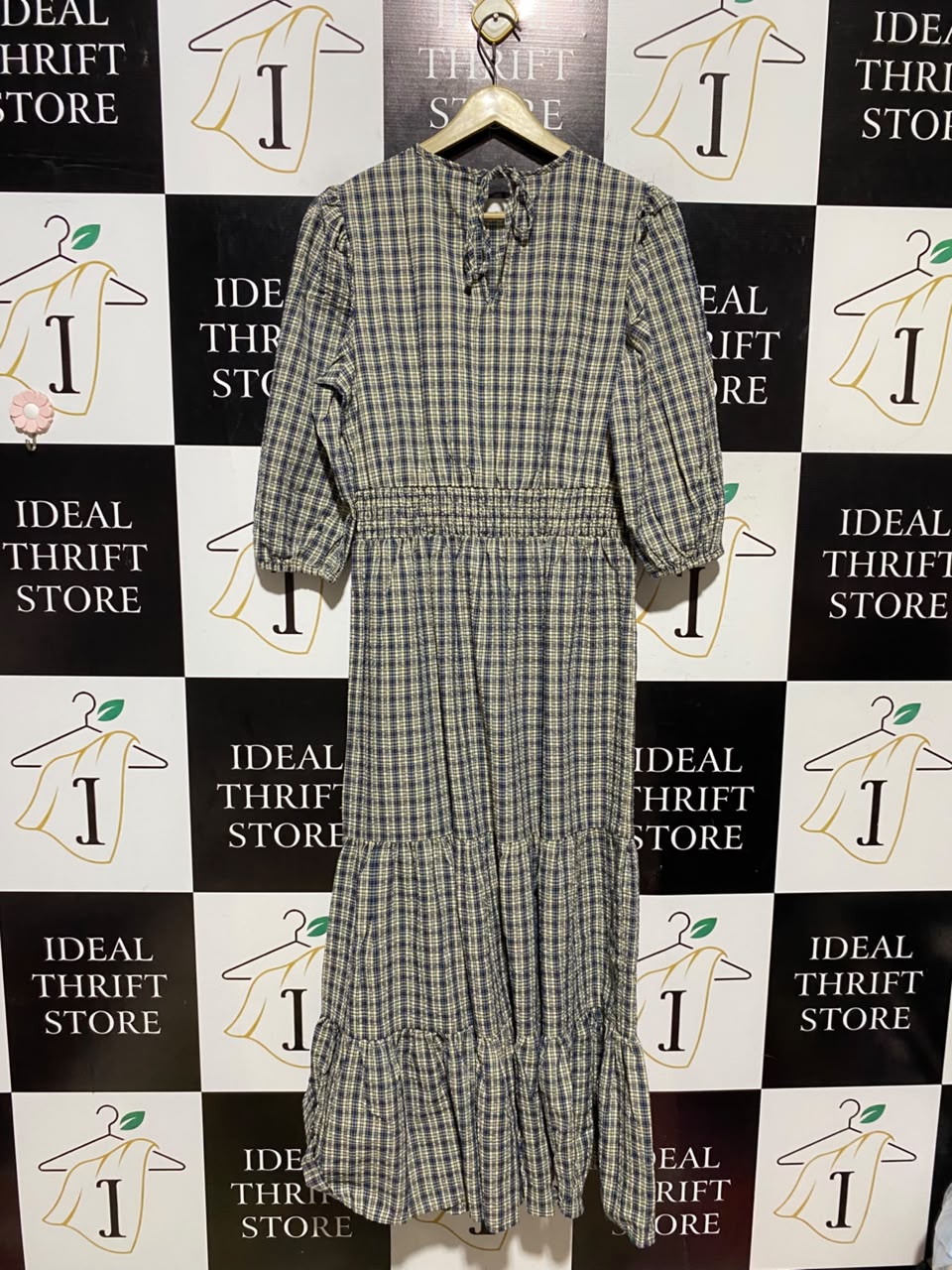 FEATHER & BONE |S| BUST 17| A16| WOMEN'S NAVY & BEIGE PLAID CHECK MAXI DRESS