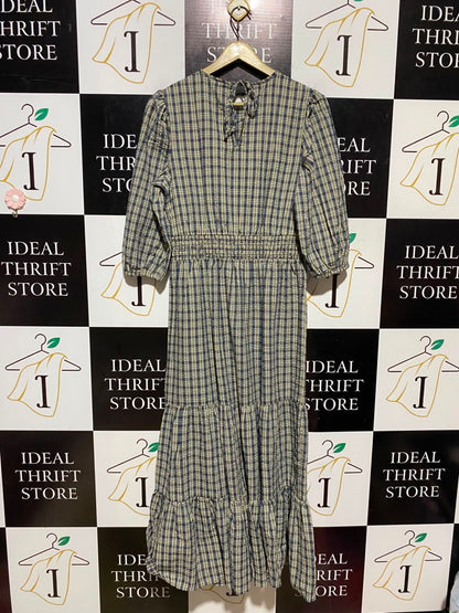 FEATHER & BONE |S| BUST 17| A16| WOMEN'S NAVY & BEIGE PLAID CHECK MAXI DRESS