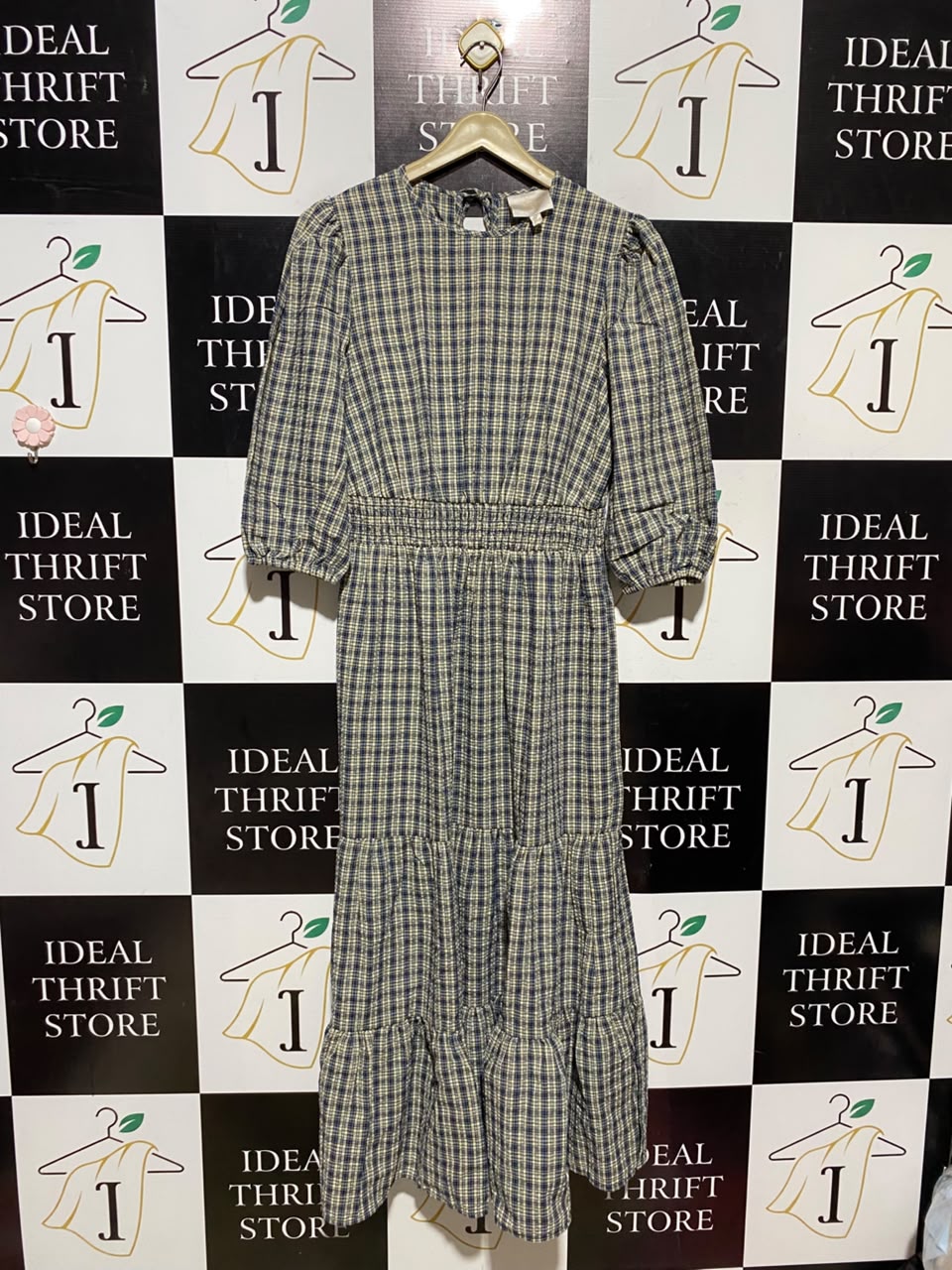 FEATHER & BONE |S| BUST 17| A16| WOMEN'S NAVY & BEIGE PLAID CHECK MAXI DRESS