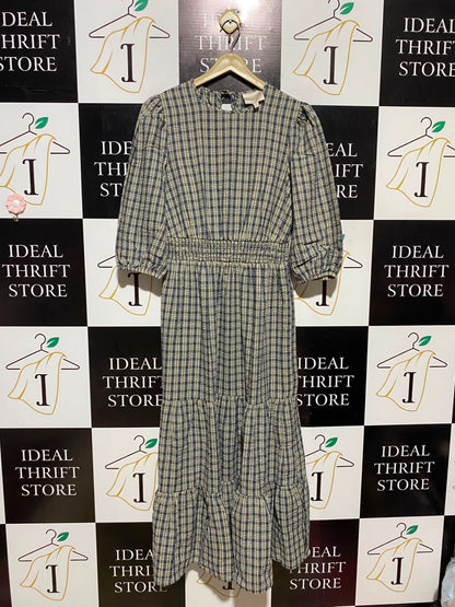 FEATHER & BONE |S| BUST 17| A16| WOMEN'S NAVY & BEIGE PLAID CHECK MAXI DRESS