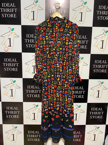 OASIS |M| BUST 18| A16| WOMEN'S BLACK MULTICOLOR FLORAL & BUTTERFLY MAXI DRESS