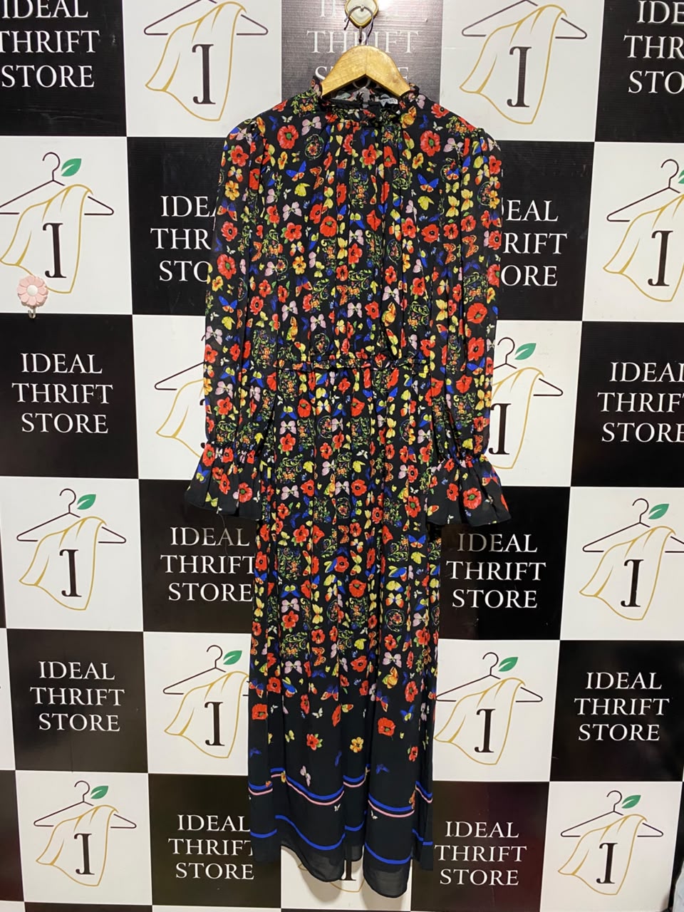 OASIS |M| BUST 18| A16| WOMEN'S BLACK MULTICOLOR FLORAL & BUTTERFLY MAXI DRESS