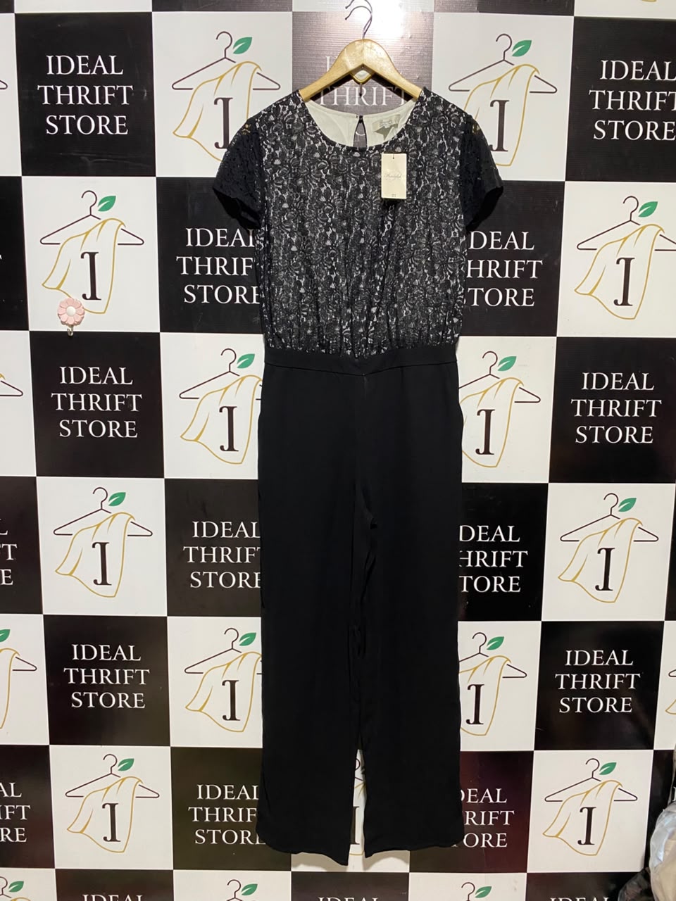 PEACOCHS |M| BUST 17| A15| WOMEN'S BLACK LACE BODICE SHORT SLEEVE JUMPSUIT