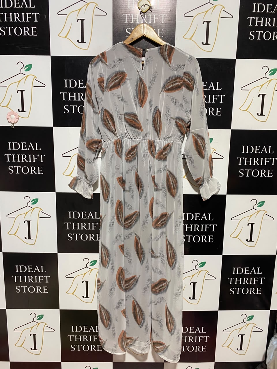 CORTIGIANI |XL| BUST 16| A15| WOMEN'S GREY & RUST LEAF PRINT CHIFFON MAXI DRESS