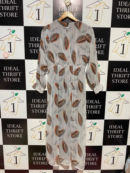 CORTIGIANI |XL| BUST 16| A15| WOMEN'S GREY & RUST LEAF PRINT CHIFFON MAXI DRESS