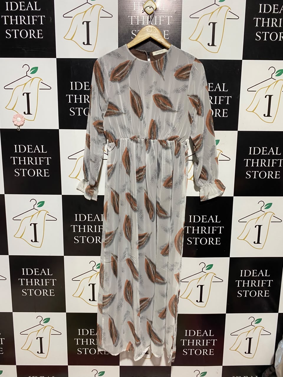 CORTIGIANI |XL| BUST 16| A15| WOMEN'S GREY & RUST LEAF PRINT CHIFFON MAXI DRESS
