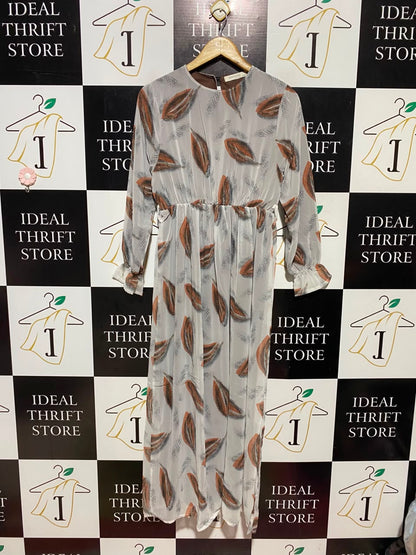 CORTIGIANI |XL| BUST 16| A15| WOMEN'S GREY & RUST LEAF PRINT CHIFFON MAXI DRESS