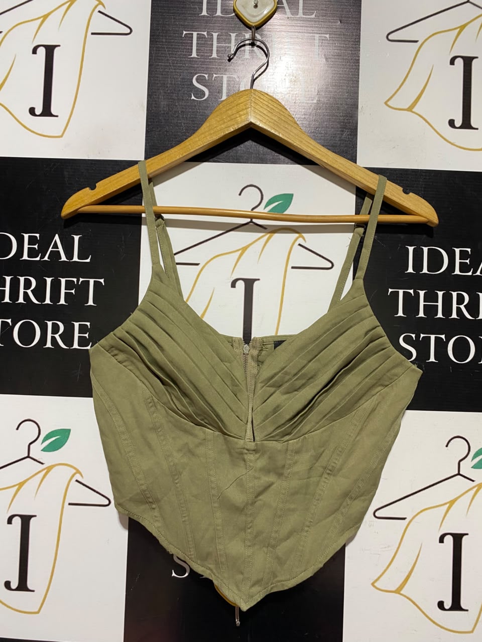 PRETTYLITTLE THING |S| BUST 15| A15| WOMEN'S OLIVE SAGE GREEN PLEATED CORSET CROP TOP