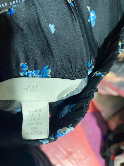 H&M |S| WAIST 27| A15| WOMEN'S BLACK & BLUE FLORAL HIGH-WAIST WIDE-LEG TROUSERS