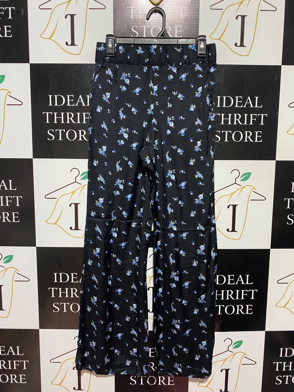 H&M |S| WAIST 27| A15| WOMEN'S BLACK & BLUE FLORAL HIGH-WAIST WIDE-LEG TROUSERS