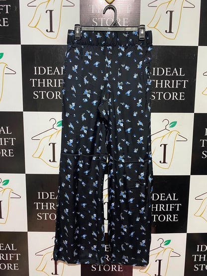 H&M |S| WAIST 27| A15| WOMEN'S BLACK & BLUE FLORAL HIGH-WAIST WIDE-LEG TROUSERS