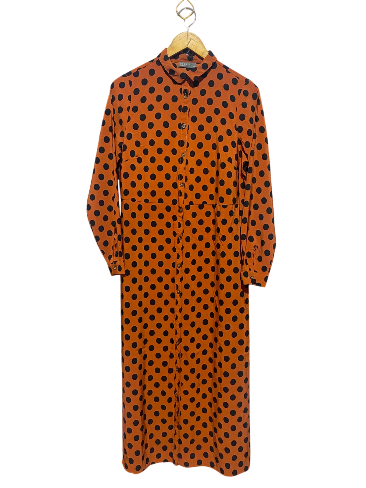 PAPAYA |M| BUST 18| A16| WOMEN'S VINTAGE-INSPIRED RUST & BLACK POLKA DOT SHIRT DRESS