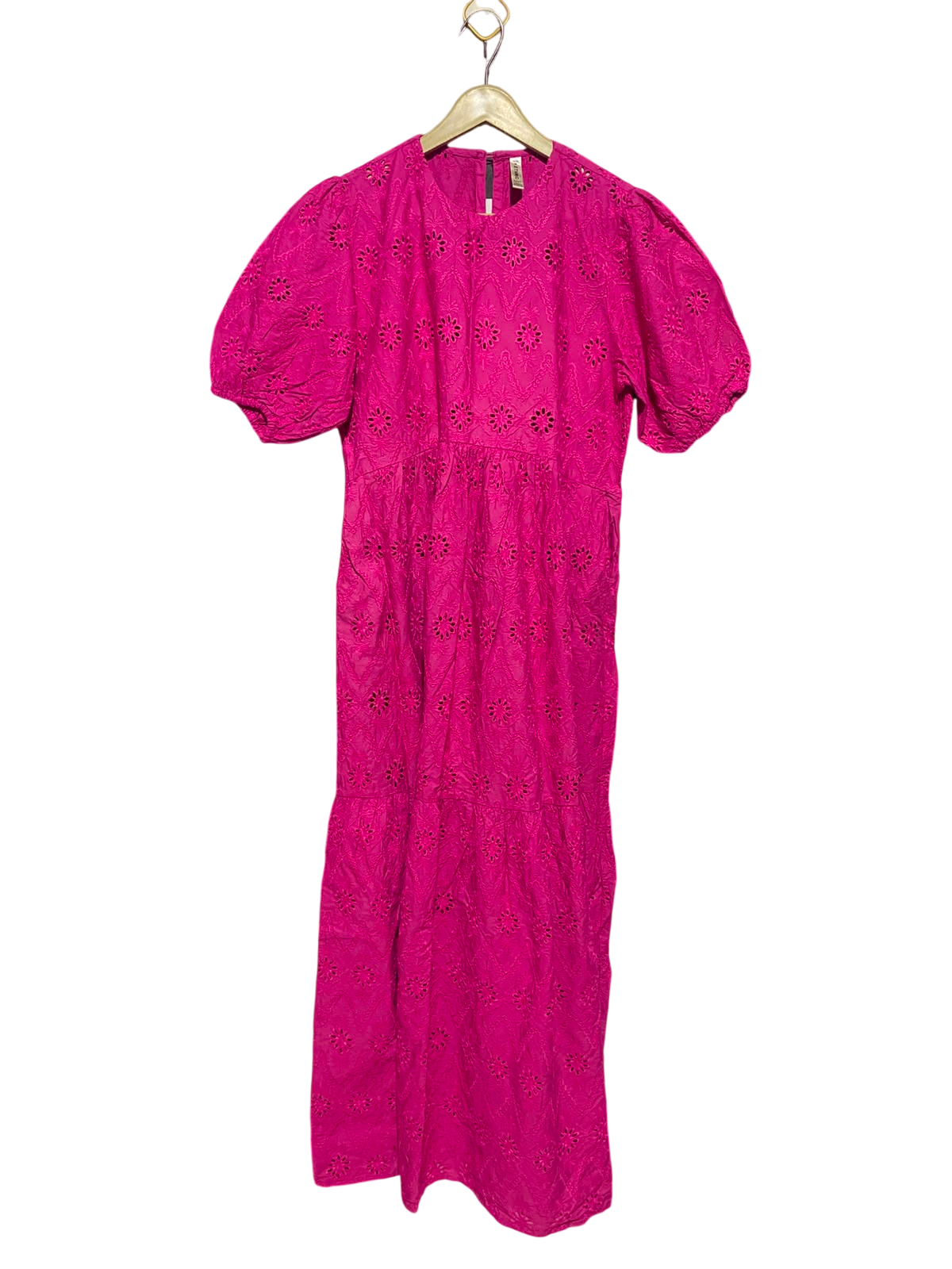 ETHINC |M| BUST 17| A17| WOMEN'S VIBRANT PINK EMBROIDERED EYELET PUFF-SLEEVE MAXI DRESS